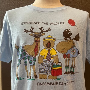 Vintage 80&#39;s Pines Winnie Dam Resort Moose Tourist Blue T Shirt Size L