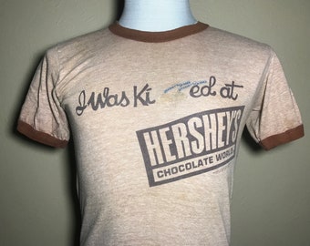 Vintage 80's I Was Kissed at Hershey's Chocolate World Ringer T-Shirt Size XS