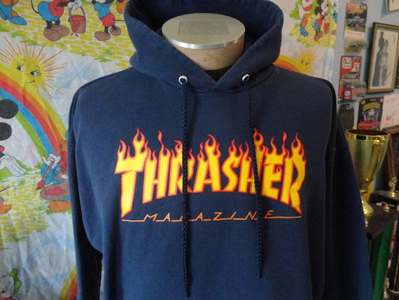 90s 00s Vintage Thrasher Skateboard Magazine Flames Navy Blue