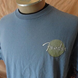 May include: A light blue t-shirt with the Fender logo on the front. The logo is in white script with a green circle behind it. The shirt has short sleeves and a crew neck.