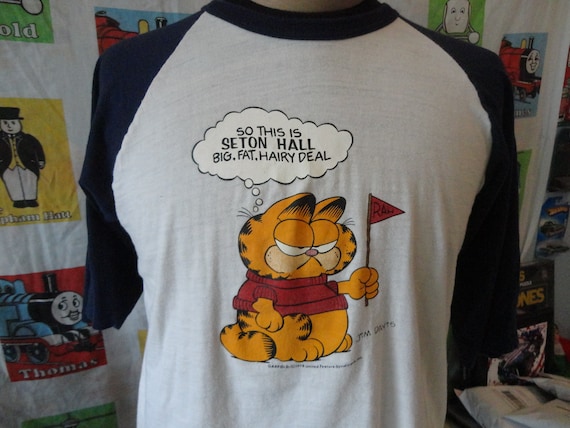 VINTEGE GARFIELD ONEITA T-SHIRT Vintage 80\u0027s Garfield Cat Seton Hall Pirates University White
