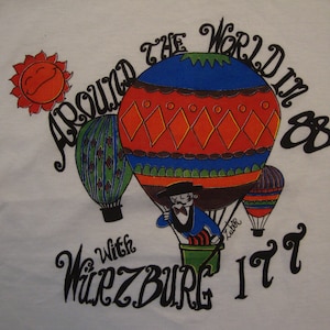 Vintage 80&#39;s Around The World In 88 With Wurzburg ITT Hot Air Balloon White T Shirt Size L