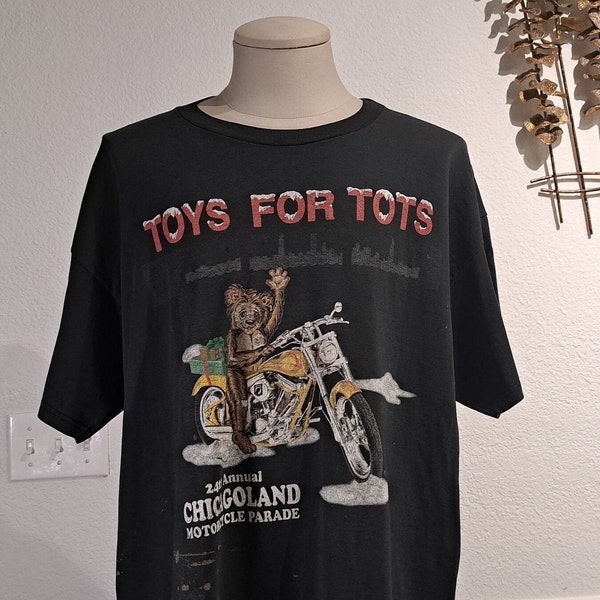 T-shirt nera vintage anni '90 Toys For Toys 24 annuale Chicago Land Motorcycle Parade taglia XL