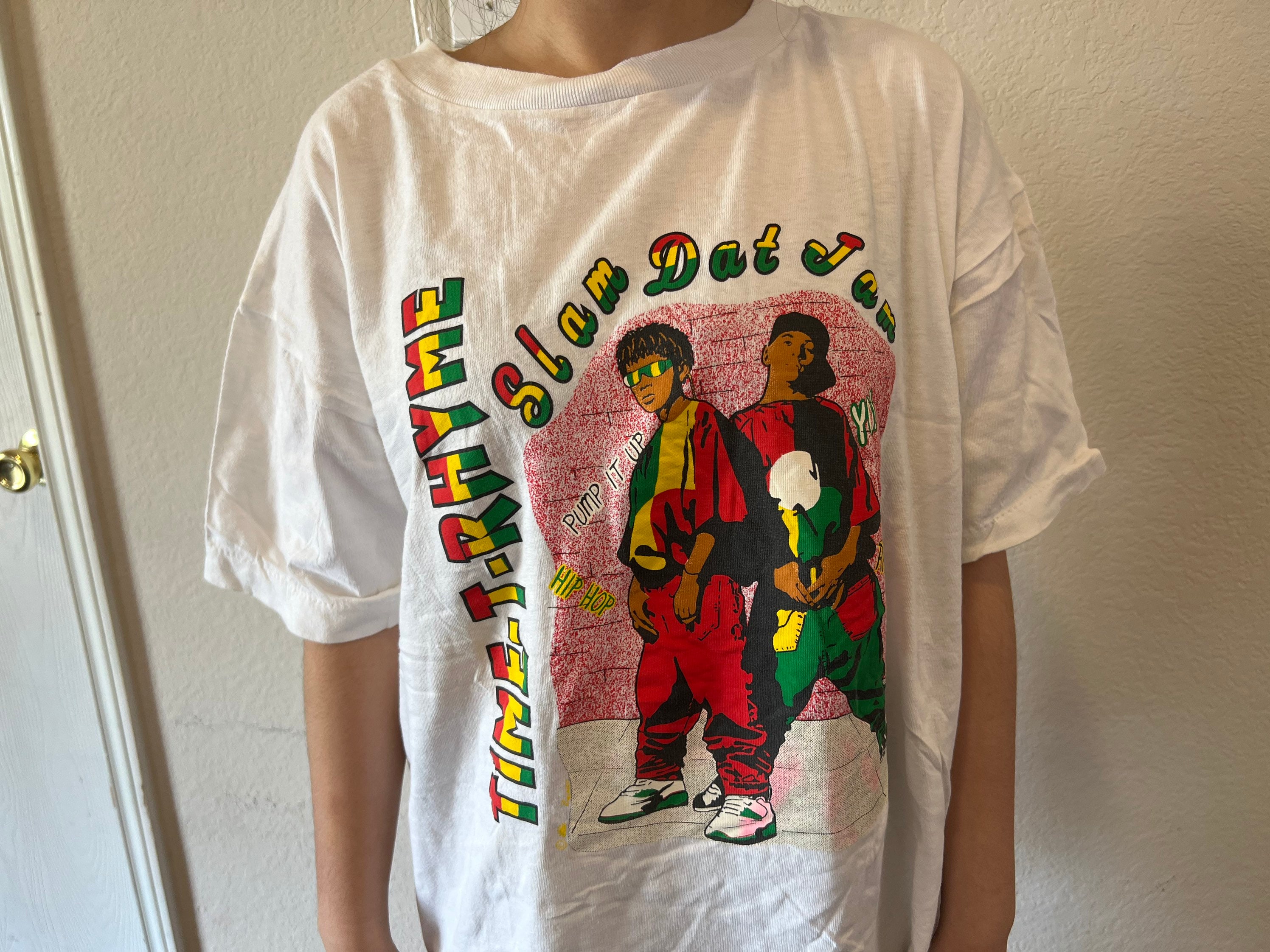 Vintage 90's Time-t-rhyme Slam Dat Jam Hip Hop White T Shirt Size