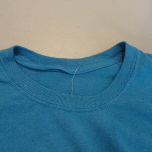 May include: A close-up shot of a turquoise crew neck t-shirt. The neckline is ribbed and the fabric appears soft. The shirt is a solid colour and has a simple, classic design.