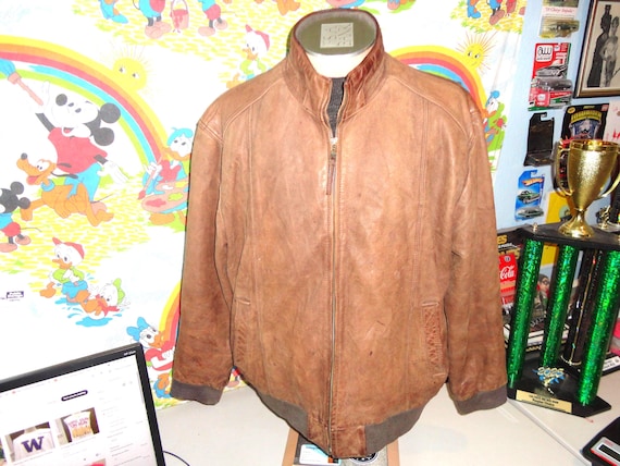 Vintage Jos A Bank Brown Leather Jacket Mens XXL Full Zip Bomber