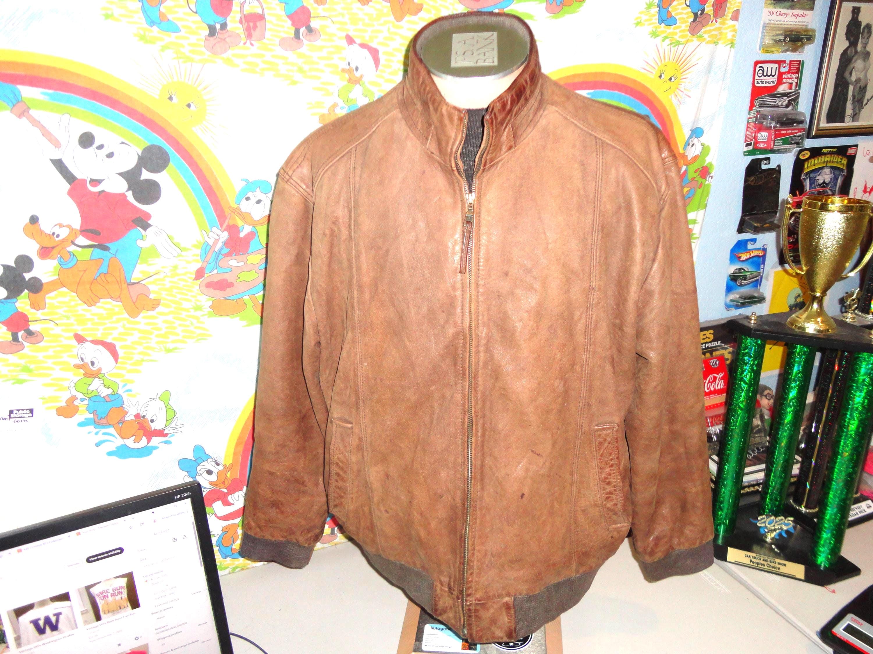 Vintage Jos A Bank Brown Leather Jacket Mens XXL Full Zip Bomber