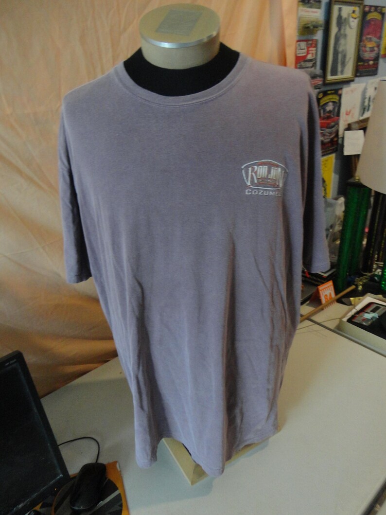 May include: A dusty purple t-shirt with a crew neck and short sleeves. The shirt features a small white logo on the upper left chest that reads "Ron Jon Cozumel". The shirt is displayed on a mannequin.