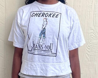Vintage 80s Cherokee Jeans + You white crop top T-shirt size M