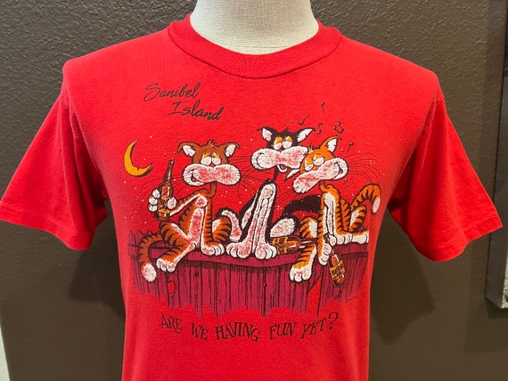 Vintage 80's Sanibel Island Cats Drunk Red T Shir… - image 1