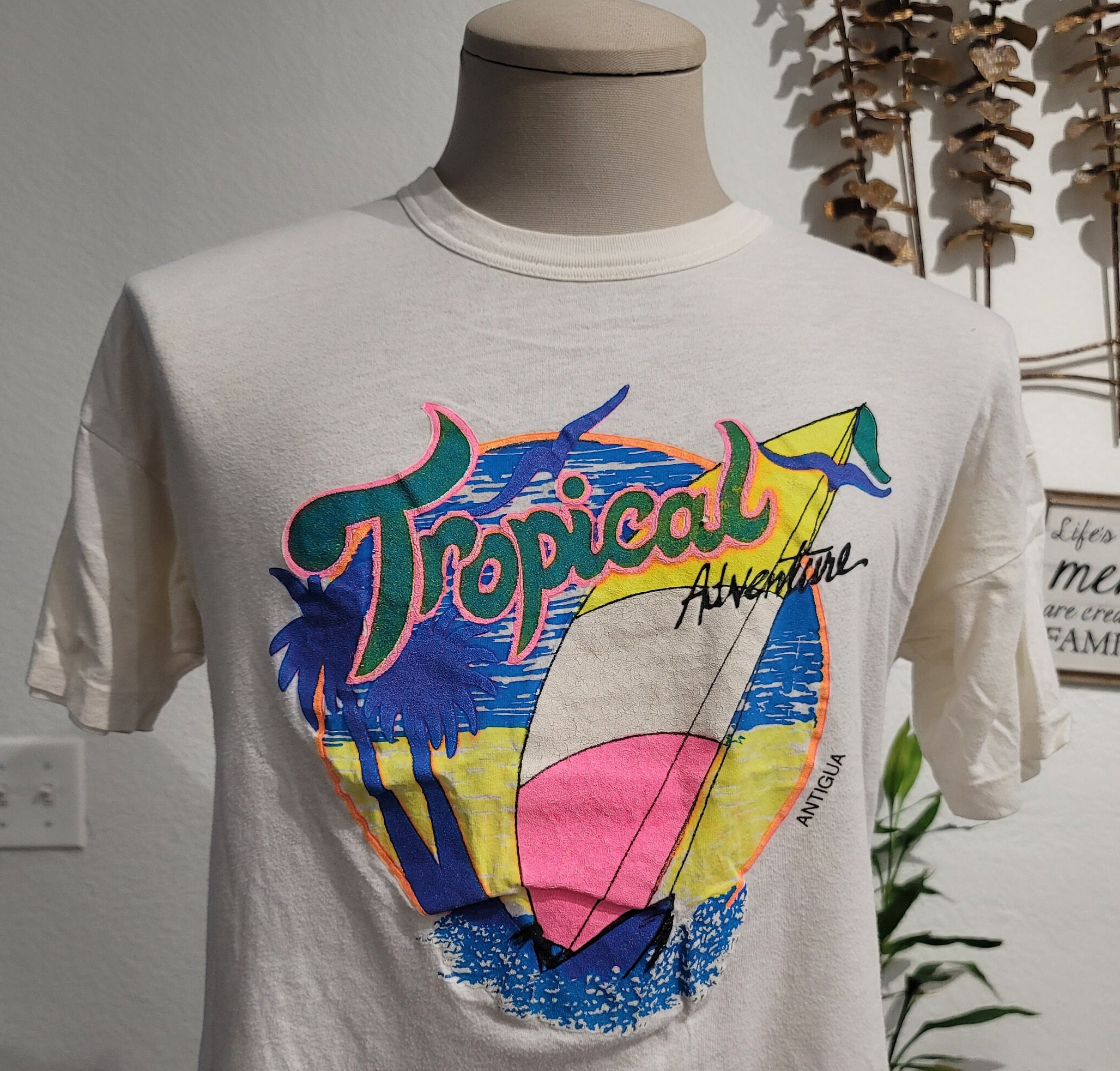 Vintage 80s Antigua Tropical Beach White T-shirt Size L - Etsy