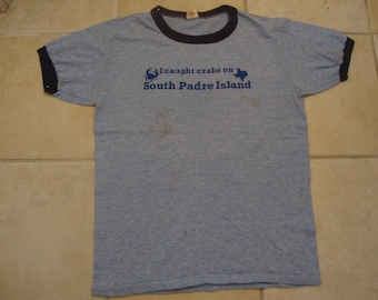 Vintage 80&#39;s South Padre Island I Caught Crabs Funny Tourist Heather Blue Rayon Tri Blend Ringer T Shirt Size M