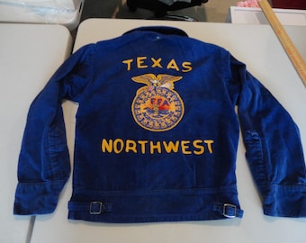 Vintage 80s Custom Chain Stitch FFA Blue Corduroy Jacket
