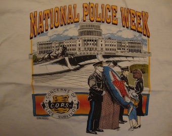 Vintage des années 90, semaine de la Police nationale flics patriotique américain blanc T Shirt taille XL
