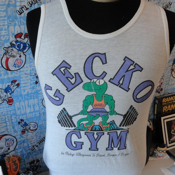 Vintage 80's Gecko Gym White Tank Top Size M