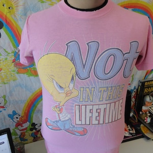 May include: Pink t-shirt featuring Tweety Bird with the text "Not in this Lifetime". The cartoon character is yellow with blue eyes and is wearing blue pants and red shoes. The text is in light blue and white.
