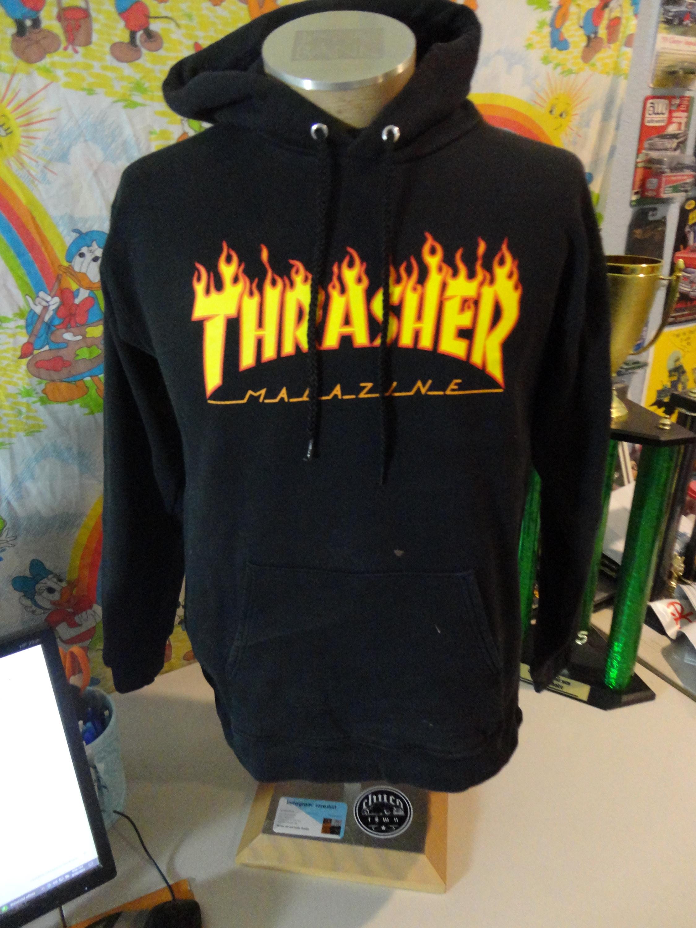 90s 00s Vintage Thrasher Skateboard Magazine Flames Black Hoodie