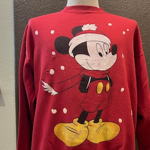 Vintage 90er Jahre Mickey Mouse Weihnachten Disney Rot Crewneck Sweatshirt Größe XL