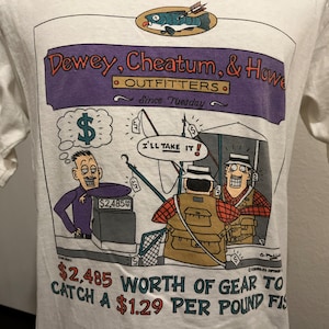 vintage 90&#39;s 2,485 Valeur de l’équipement de pêche pour attraper un 1.29 Per Pound Fish Comic T Shirt M