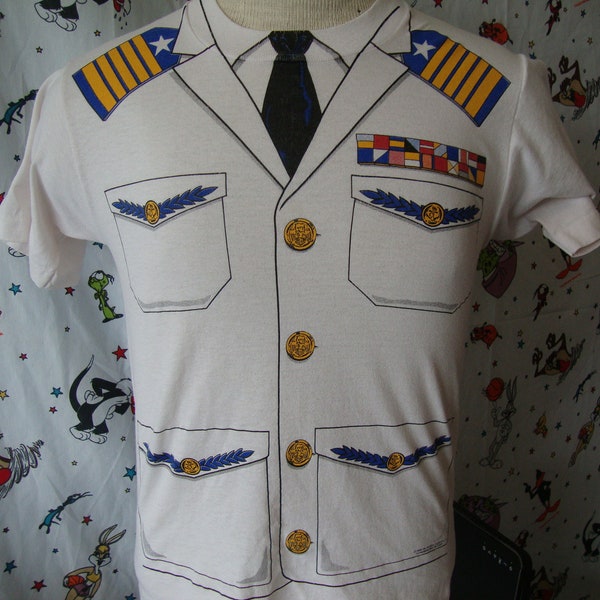 Vintage 80's Boat Caption U.S. Navy Cruise Ship Pilot uniform tuxedo style 1984 T Shirt Size S