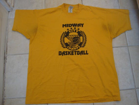 Vintage 80's Midway Mohawks City Basketball Champs Roster Sports Fan Yellow T Shirt Size 2XL