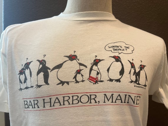 Vintage 80's Bar Harbor, Maine Penguins White T S… - image 1