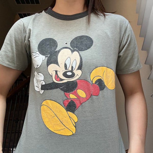 Vintage 80er Disney Mickey Mouse Running Green Grey T Shirt Gr. S