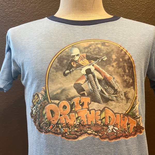 Vintage 80's Dirt Biking Motocross Blue T Shirt Size M