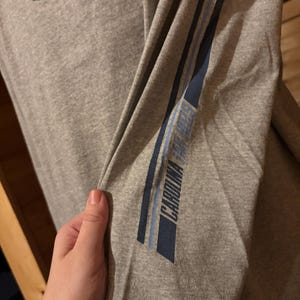 May include: Gray long-sleeve shirt with blue and white stripes on the sleeve. The text "CAROLINA" is printed on the sleeve.