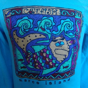Vintage 80&#39;s Marco Island Catfish Tourist Souvenir Blue Crew Neck Sweatshirt Size S