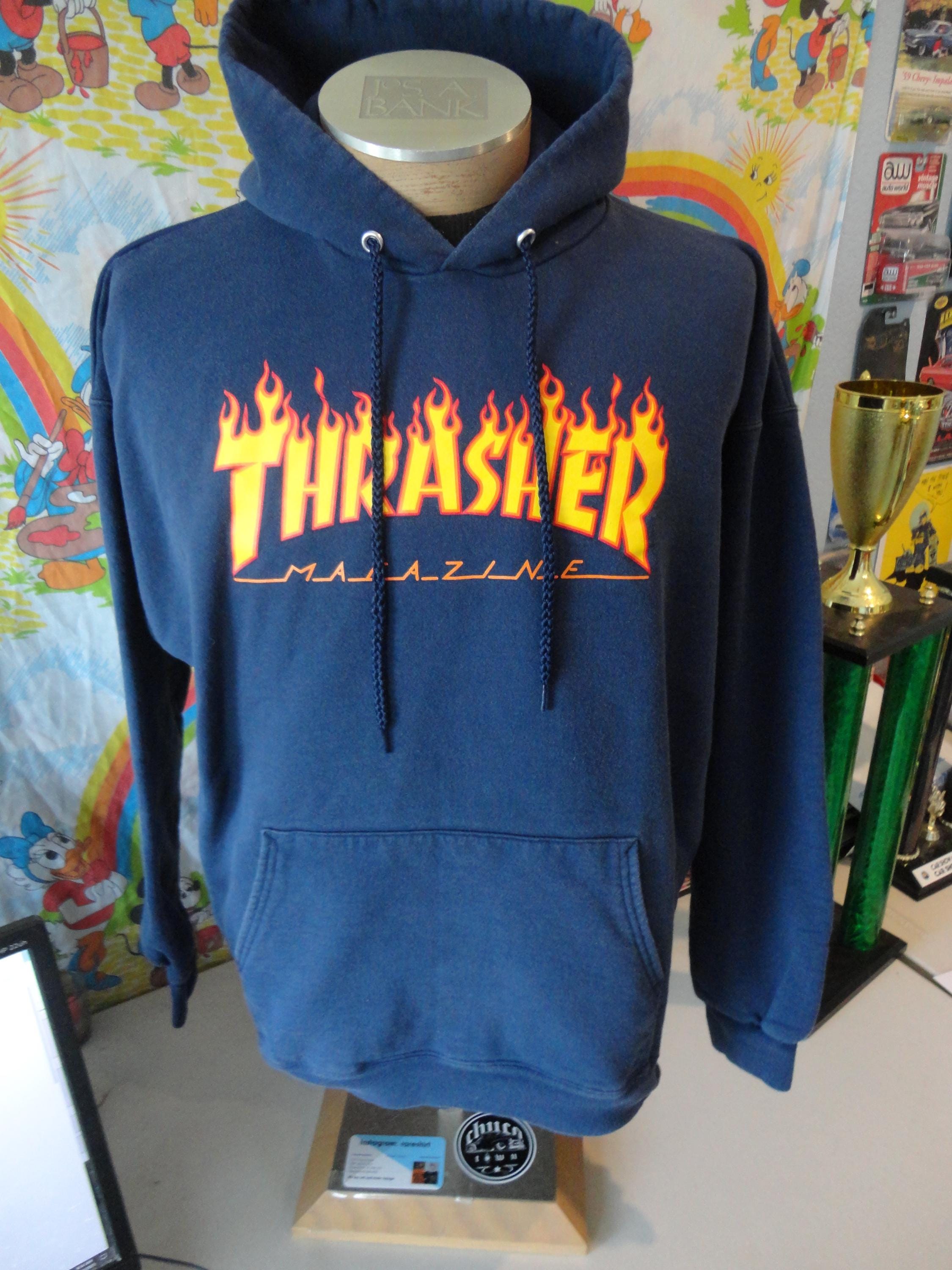トップス 90s THRASHER vintage sweat usa 90s 00s Vintage Thrasher Skateboard Magazine Flames Navy Blue