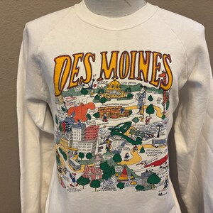 Sudadera vintage de cuello redondo con mapa de aventuras de Iowa en Des Moines, años 80, talla L