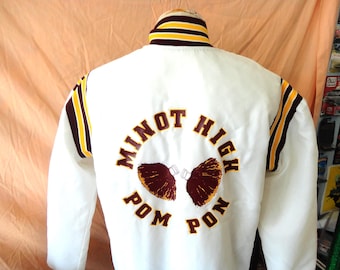 Chaqueta estilo jersey vintage de los años 80 con pompones de la escuela secundaria Minot, talla M