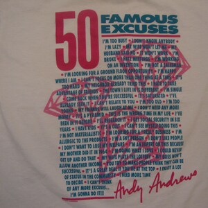 Vintage 80&#39;s Andy Andrews 50 Famous Excuses Funny White T Shirt Size L