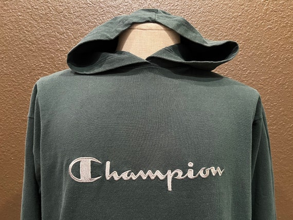 Vintage 90's Champion Brand Green Hoodie T Shirt … - image 1