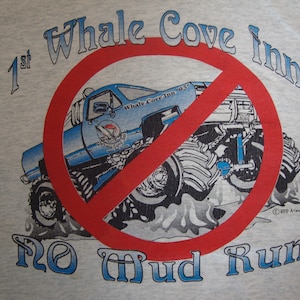 Camiseta vintage de los años 90, estilo &quot;1st Whale Cove Inn No Mud Run&quot;, color gris, talla XL