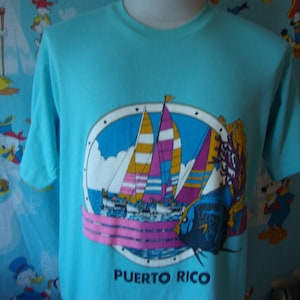 Vintage 80&#39;s Puerto Rico Tourist Sailing Light Blue Sailboat T Shirt Size L