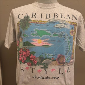 Camiseta vintage de los años 90 con mapa del océano de St. Moanten, N.A., estilo caribeño, talla L
