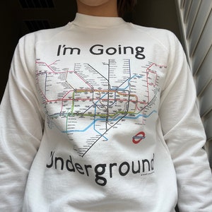 vintage 90's UK Subway Train Map I’m Going Underground White Crewneck Sweatshirt Taille S