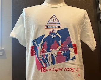 Vintage 80's 1987 Bud Light US Triathlon Series White T Shirt Size L