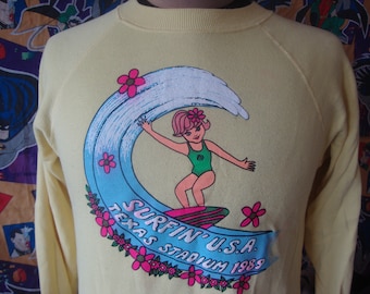 Vtg 80's Girl Scouts 1989 Surfin' USA Texas Stadium Surfing yellow Sweatshirt M