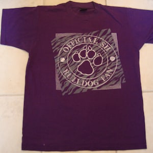 Camiseta vintage de los años 80 oficial de SH Bulldog, color morado, con puntada simple, talla L