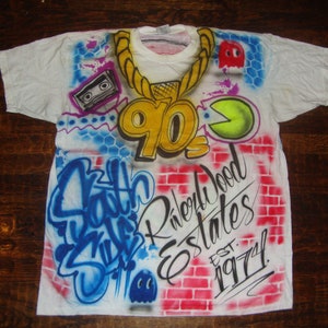 T-shirt con stampa all-over aerografata di arte dei graffiti della costa occidentale della California Rap Hip Hop vintage anni '90 3XL