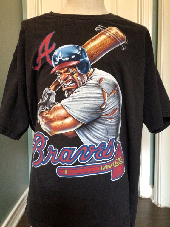 Vintage 90s Atlanta Braves Baseball Liquid Blue Black T Shirt Size