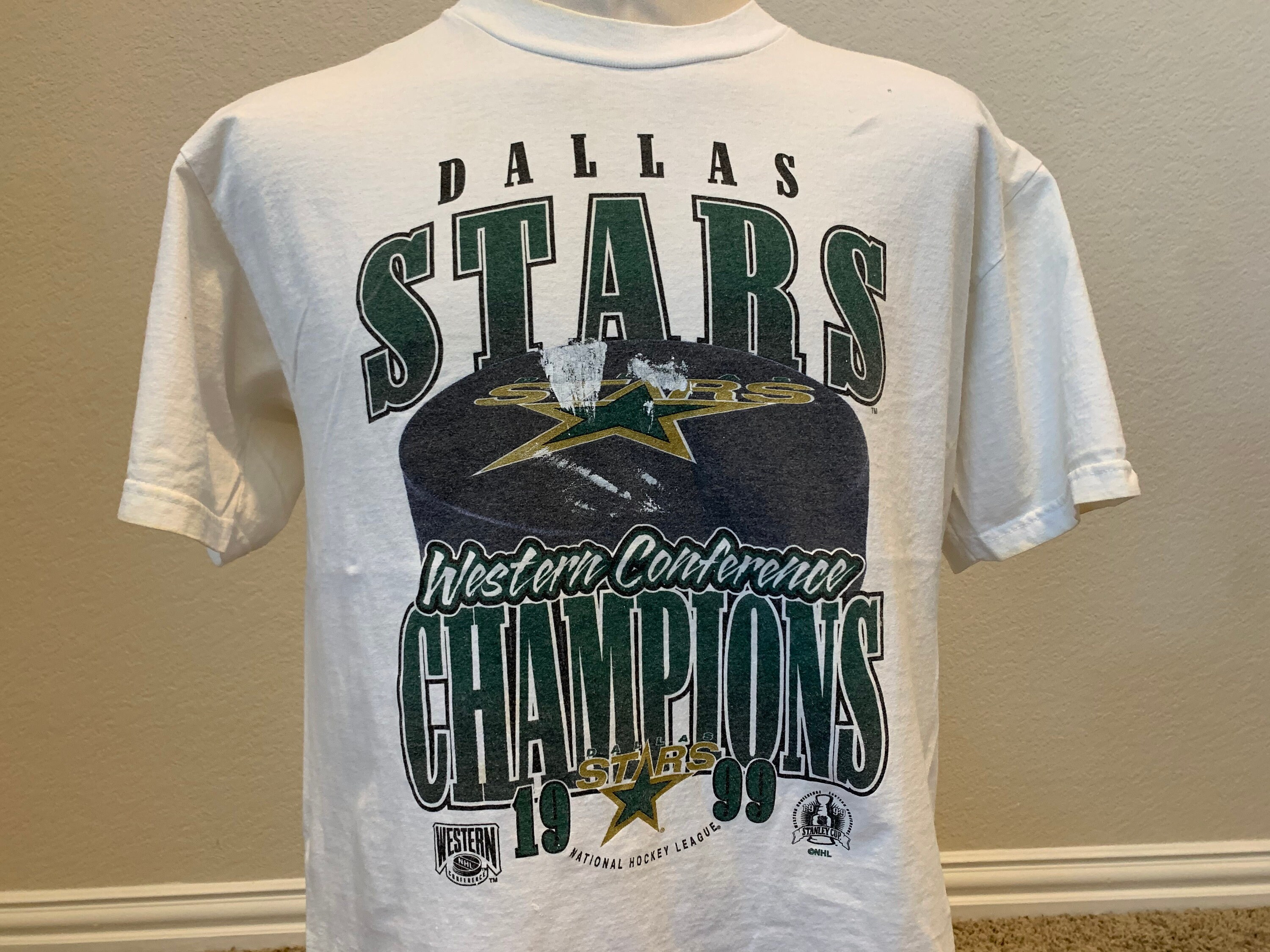 Vintage 1999 Dallas Stars NHL Stanley Cup Champions T-Shirt Youth Kids M  Gray