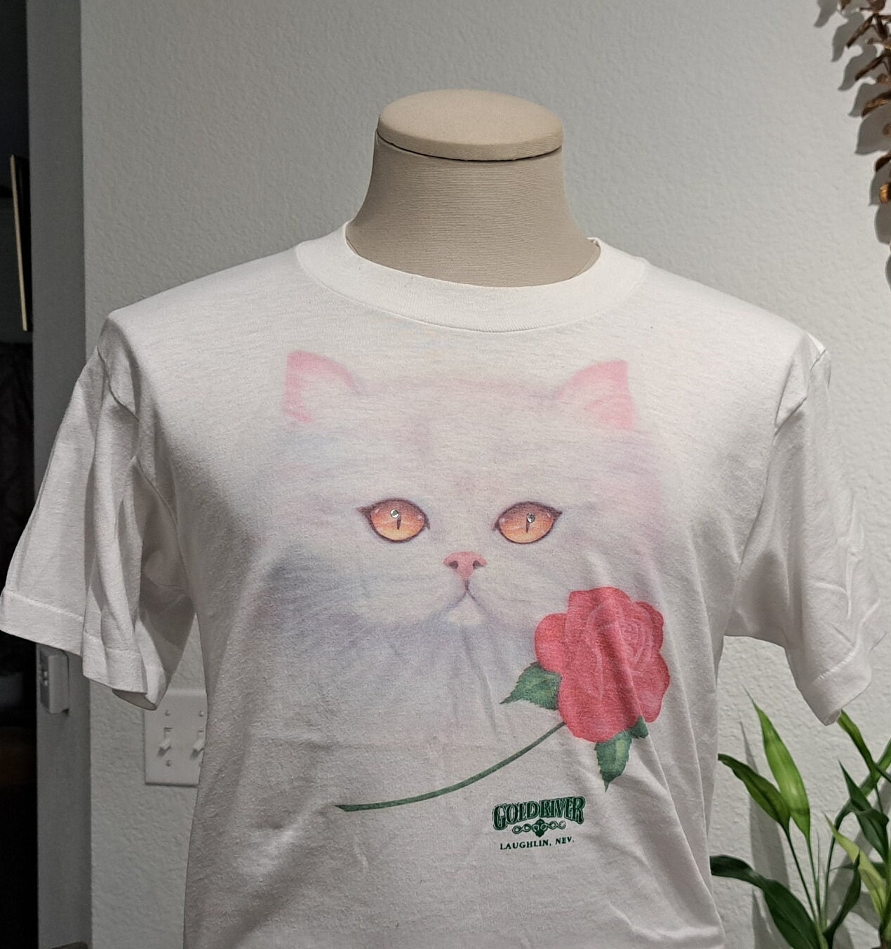 Vintage 90s White Cat With Rose White T-shirt Size M - Etsy
