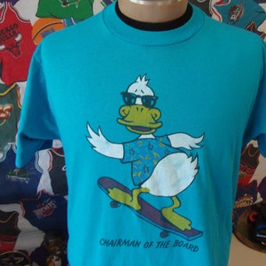 Vintage 80&#39;s Chairman Of The Board Skateboard Duck Aqua Blue Beach T Shirt M