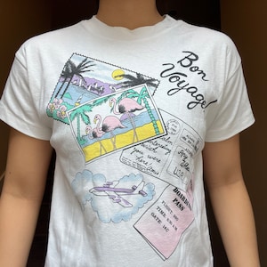Cartoline vintage anni '80 Bon Voyage e Passport White T Shirt taglia S