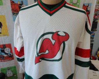 Vintage 80's NHL New Jersey Devils Hockey White green Jersey size L