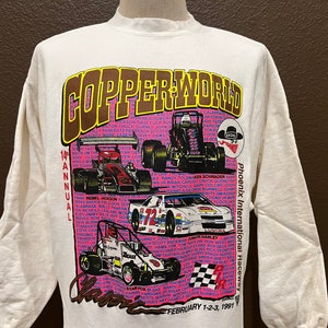 Vintage 90&#39;s Copper World Racecars PIR racing Skoal tobacco 1991 White Crewneck Sweatshirt Size M